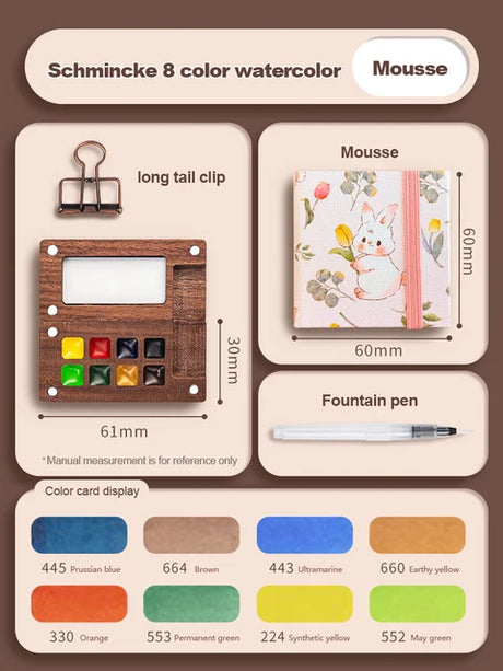 Mini watercolor paint box and small notebook Mingke 8-color wooden box mini drawing board solid watercolor painting - V.I.P Digital Presence