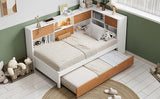 L-shaped bed frame with luggage and bookshelf, corner bed wooden captain's bed LED tube light and USB port walnut and white - V.I.P Digital Presence
