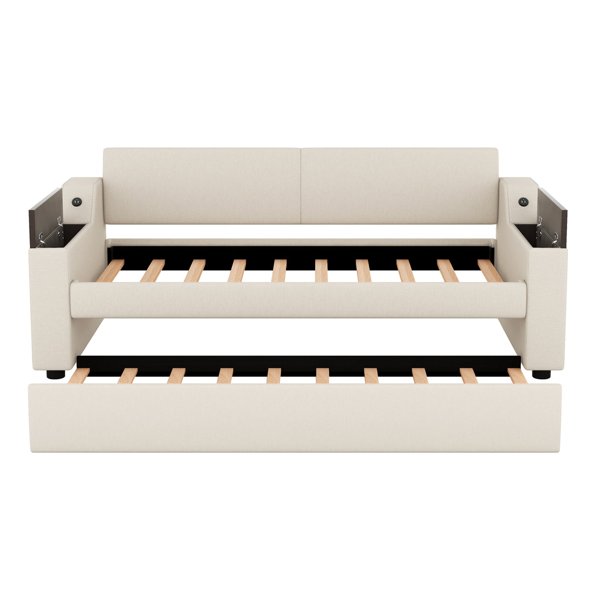 Twin Size Upholstery Daybed with Storage Arms  Trundle and USB Design Beige