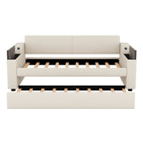 Twin Size Upholstery Daybed with Storage Arms  Trundle and USB Design Beige