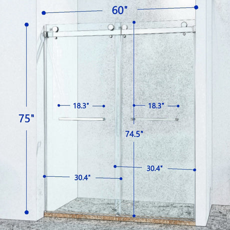 56-60 "wide x 75" high frameless double sliding shower door, 304 stainless steel chrome plated, 8mm thick SGCC tempered transpar - V.I.P Digital Presence