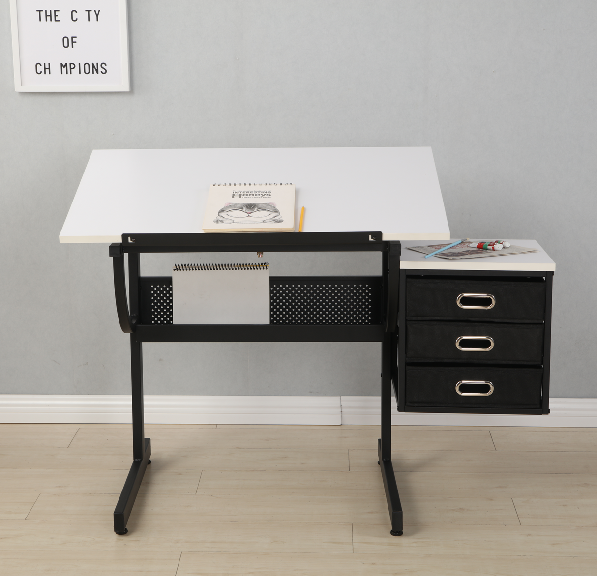 White adjustable drafting drawing table with stool and 3 drawers - V.I.P Digital Presence
