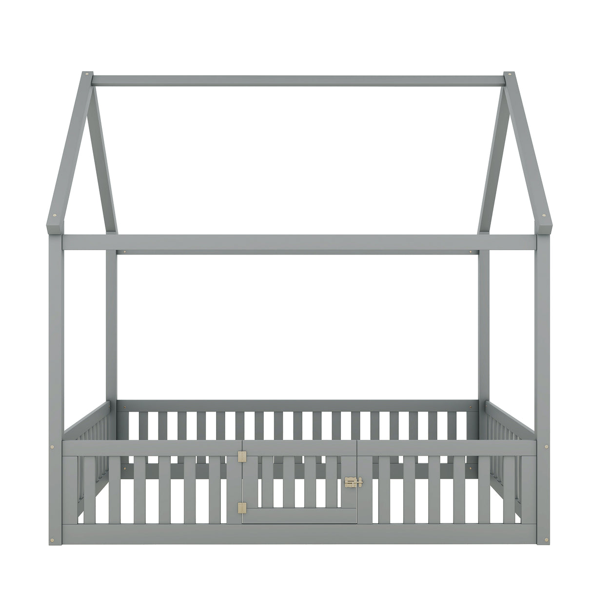 Full Size Wood House Bed with Fence and Door, Gray - V.I.P Digital Presence