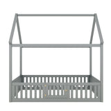 Full Size Wood House Bed with Fence and Door, Gray - V.I.P Digital Presence