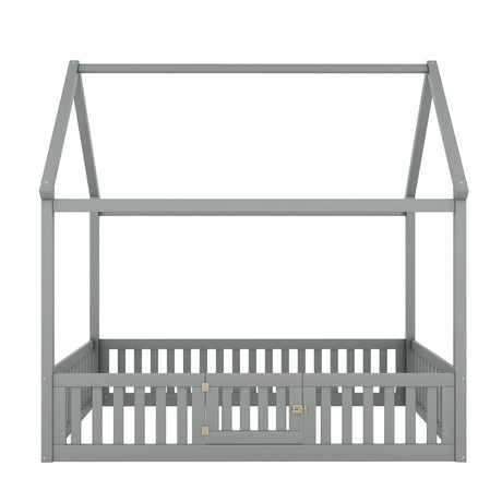 Full Size Wood House Bed with Fence and Door, Gray - V.I.P Digital Presence