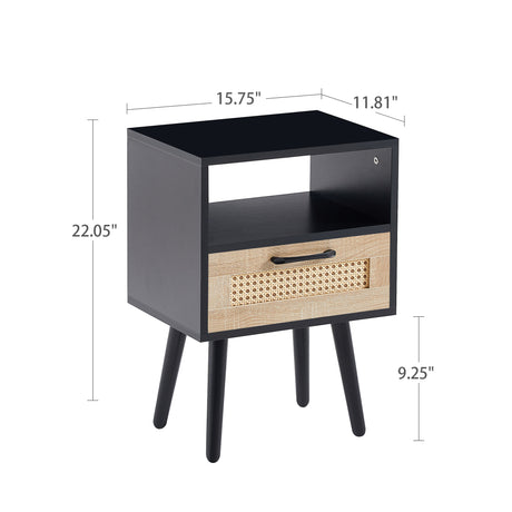 15.75" Rattan End table with drawer and solid wood legs Modern nightstand side table for living room black - V.I.P Digital Presence