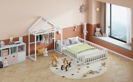 Wooden Full Size Children's Bed with Detachable Headboard and Integrated Clothes Drying Rack, White - V.I.P Digital Presence