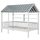 Wood Twin Size House Bed with Roof, Guardrail and Shelves, White - V.I.P Digital Presence