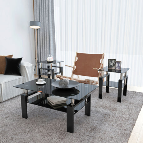 Set of 2, Modern Tempered Glass Tea Table Coffee Table End Table, Square Table for Living Room, Black - V.I.P Digital Presence