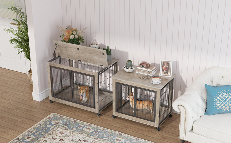Furniture Style Dog Crate Side Table on Wheels with Double Doors and Lift Top.Grey,38.58''w x 25.5''d x 27.36''h - V.I.P Digital Presence