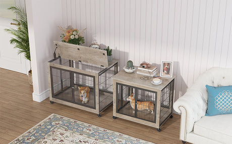 Furniture Style Dog Crate Side Table on Wheels with Double Doors and Lift Top.Grey,38.58''w x 25.5''d x 27.36''h - V.I.P Digital Presence