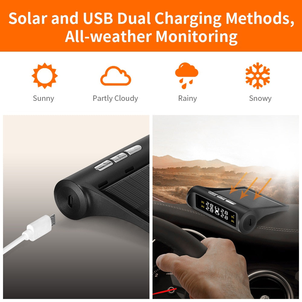 Smart Car TPMS Tire Pressure Monitoring System Solar Power Digital TMPS LCD Display USB Auto Security Alarm Tire Pressure Sensor - V.I.P Digital Presence