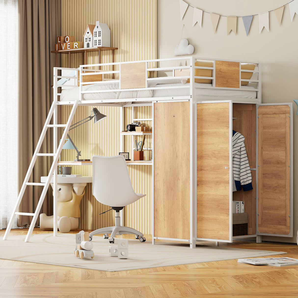 Twin Size Loft bed with L-shape Desk and Wardrobe, White - V.I.P Digital Presence