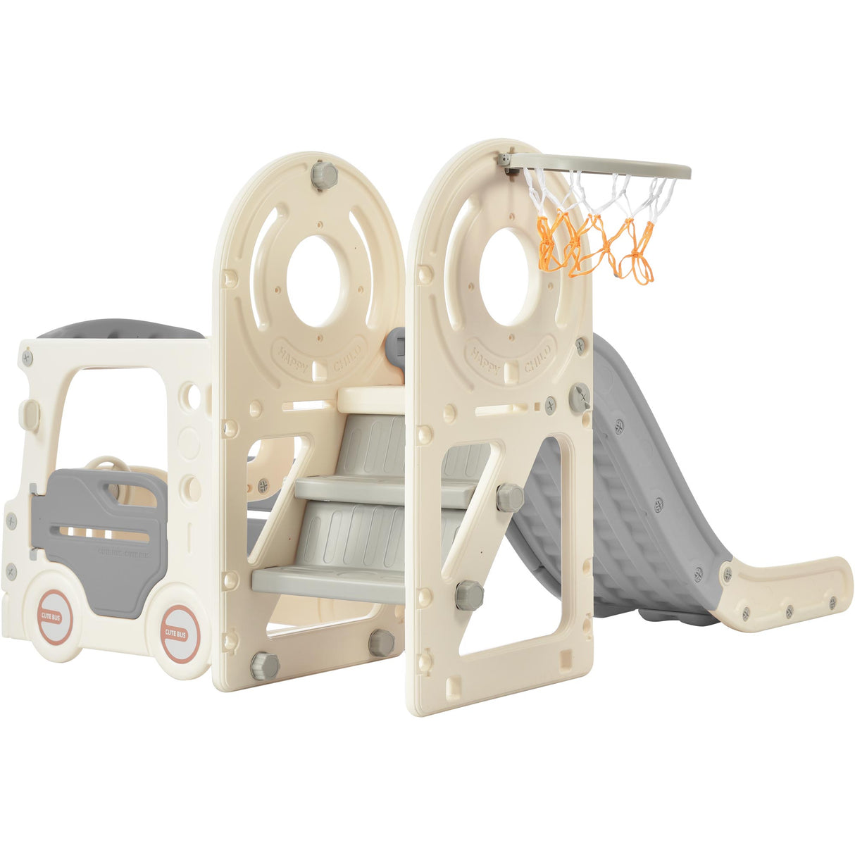 Kids Slide with Bus Play Structure Freestanding Bus Toy with Slide for Toddlers Bus Slide Set with Basketball Hoop