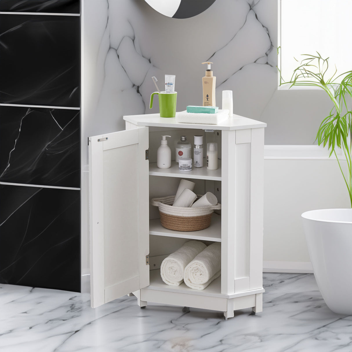 White Bathroom Cabinet Triangle Corner Storage Cabinet with Adjustable Shelf Modern Style MDF Board - V.I.P Digital Presence