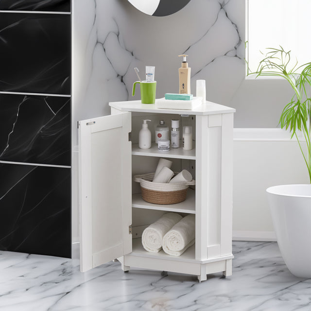 White Bathroom Cabinet Triangle Corner Storage Cabinet with Adjustable Shelf Modern Style MDF Board - V.I.P Digital Presence