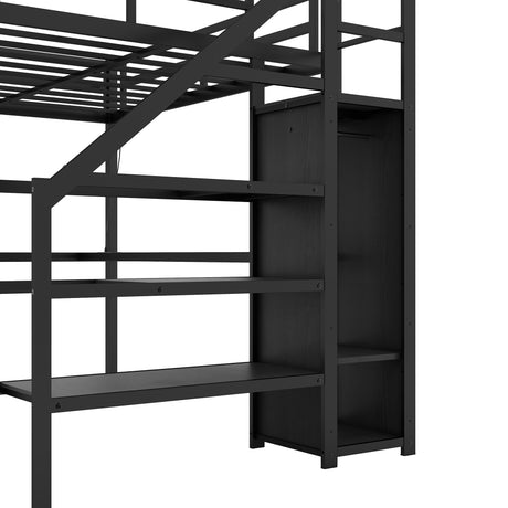 Full sized loft bed with L-shaped desk and USB, metal loft bed with wardrobe and adjustable shelf, black color - V.I.P Digital Presence