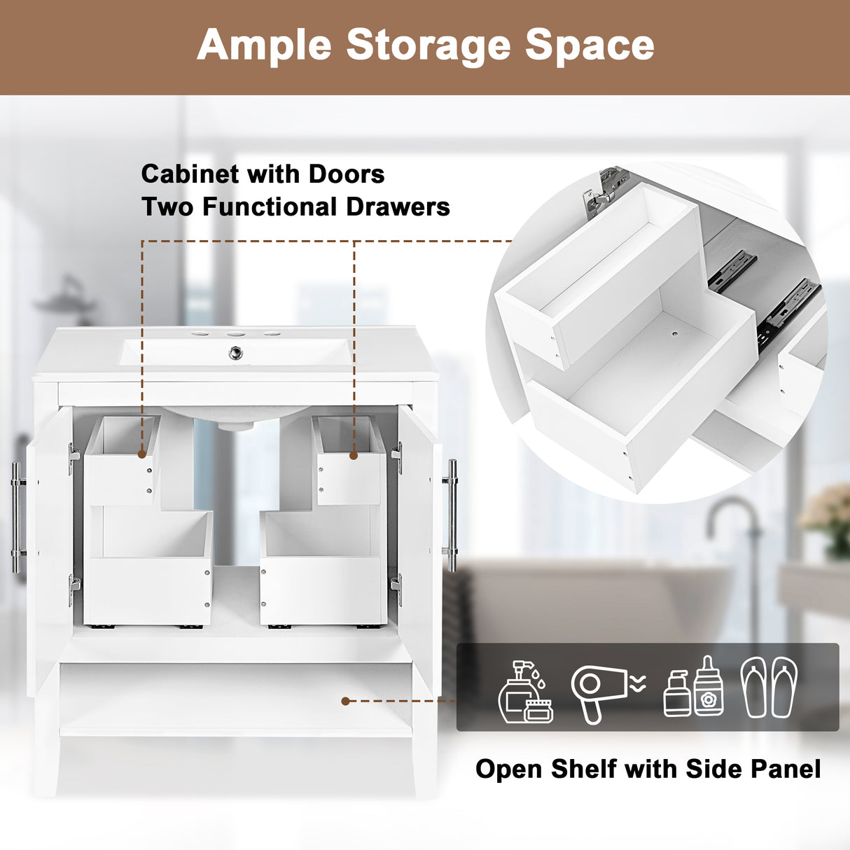 30" Bathroom Vanity with Sink  Multi-functional Bathroom Cabinet with Doors and Drawers Solid Frame and MDF Board, White - V.I.P Digital Presence
