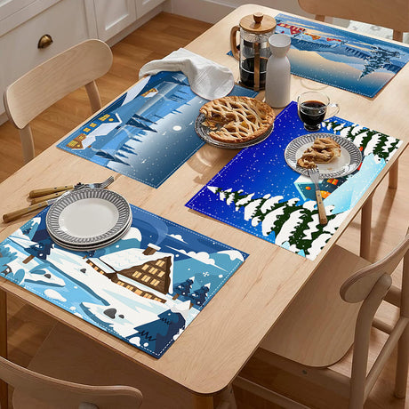 Christmas placemat white hemp Christmas scenery print home table mat living room dining table coaster - V.I.P Digital Presence