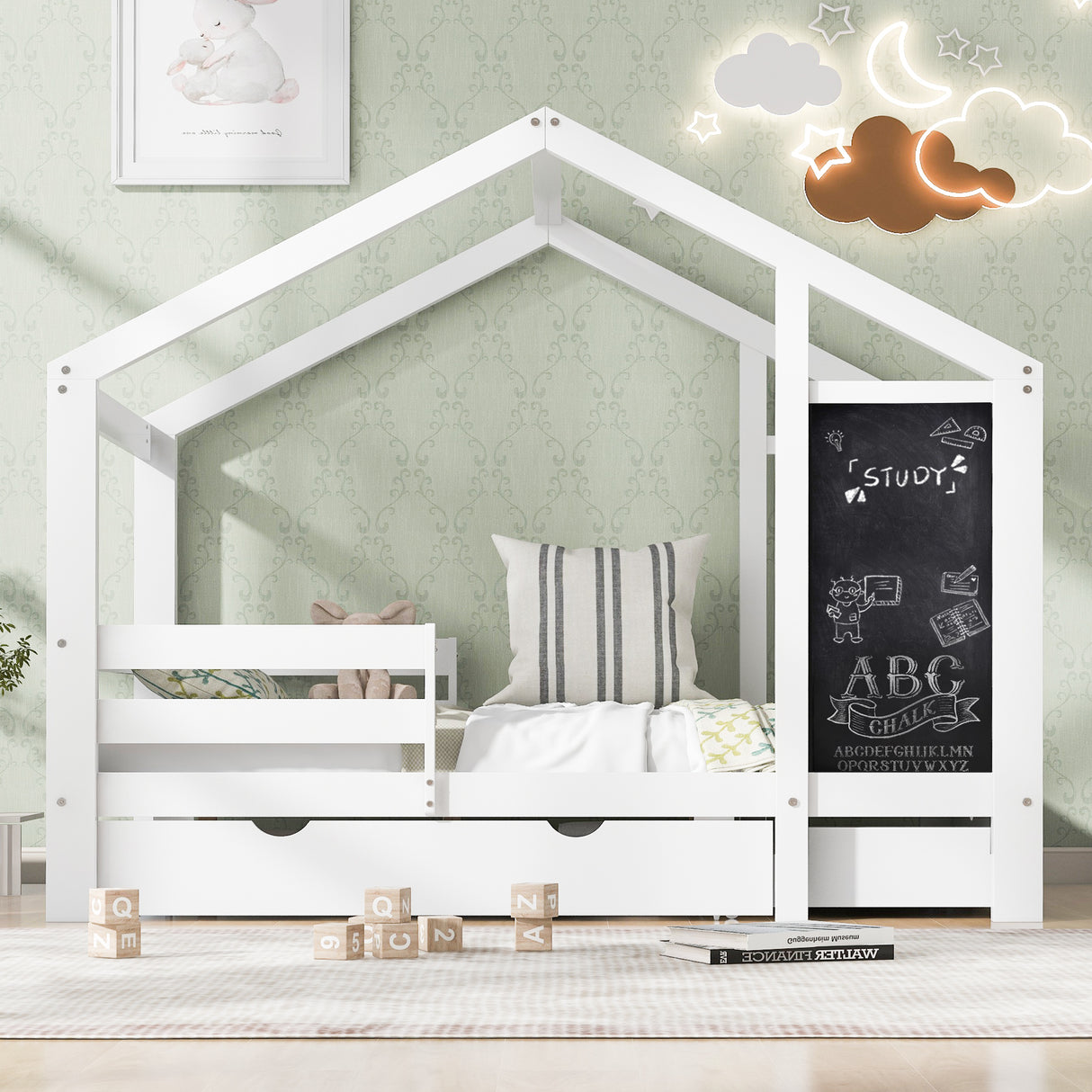 Full House Bed with Blackboard and Drawers Two assembly options White - V.I.P Digital Presence
