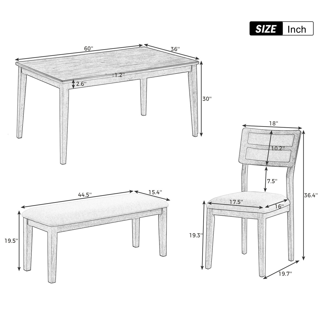 TREXM Classic and Traditional Style 6 - Piece Dining Set, Includes Dining Table, 4 Upholstered Chairs & Bench (Natural Wood Wash）