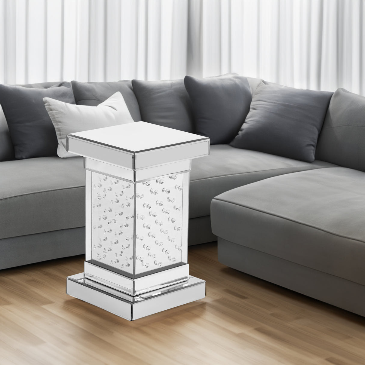 U-Can 11.8-inch silver square mirror coffee table with LED lights, modern crystal inlaid side table, no assembly required - V.I.P Digital Presence