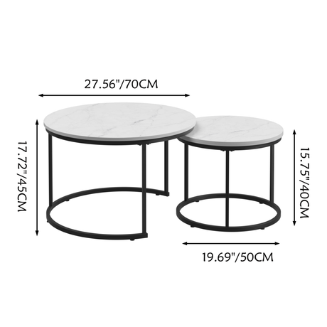 A set of nested 27.6-inch circular coffee tables with a wooden marble patterned tabletop and a sturdy metal frame (white) - V.I.P Digital Presence