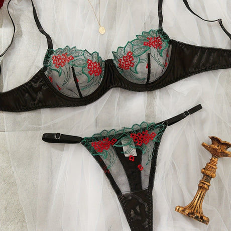 Underwear three-point sexy mesh embroidery perspective fun lingerie set women's T-pants temptation - V.I.P Digital Presence