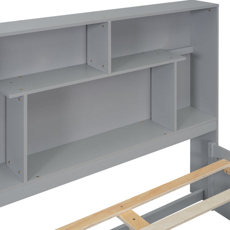 Full Size Platform Bed with Storage Headboard and 2 Drawers, Gray - V.I.P Digital Presence