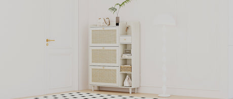 Natural Bohemian style shoe cabinet with 3 rattan flip drawers, 3 square shelves, and 1 storage drawer, white - V.I.P Digital Presence