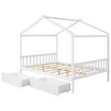 Full Size House Platform Bed with Two Drawers Headboard and Footboard,Roof Design White