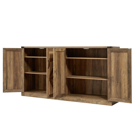 65-Inch Rustic Oak Color Faux Rattan Sideboard, Barn Door Rustic Style Sideboard, Living Room, Entryway, Bedroom - V.I.P Digital Presence