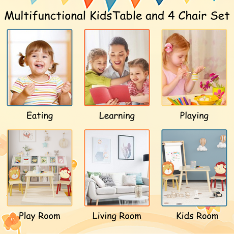 Kids Table and 2 Chairs Set 3 Pieces Toddler Table and Chair Set Wooden Activity Play Table Set (Lion&Monkey) - V.I.P Digital Presence