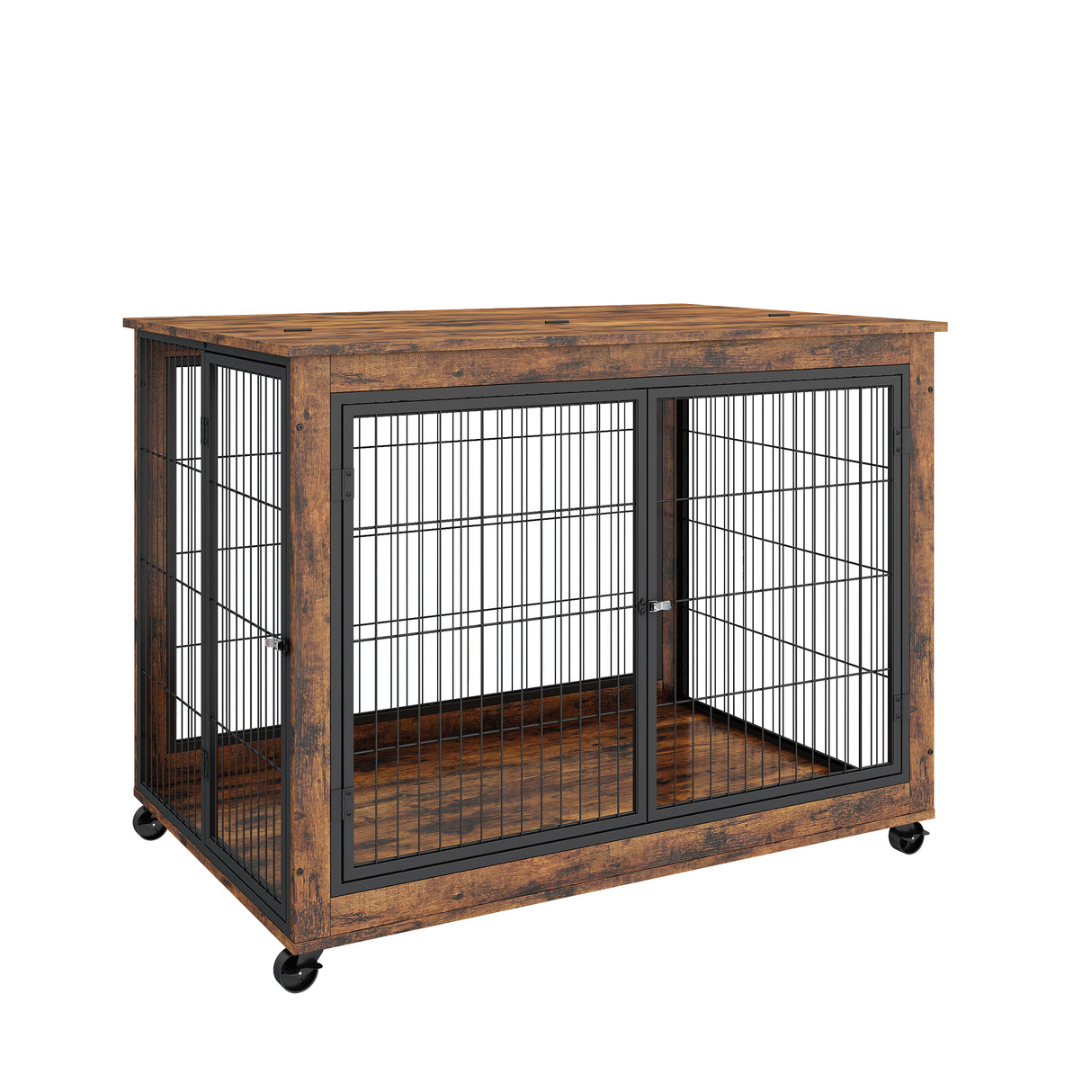 Furniture Style Dog Crate Side Table on Wheels with Double Doors and Lift Top. Rustic Brown, 43.7'' W x 30'' D x 31.1'' H. - V.I.P Digital Presence