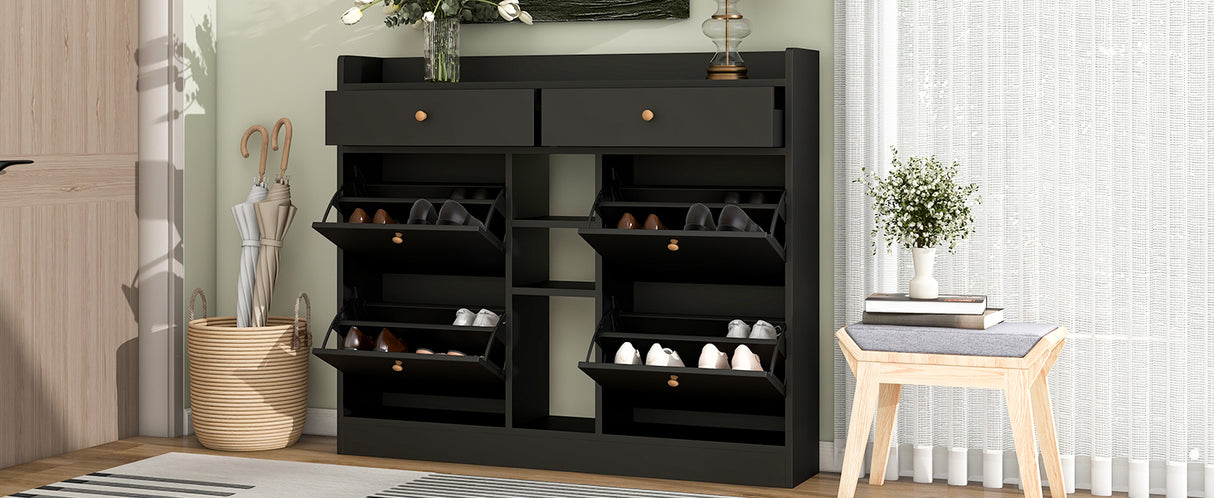 ONTREND modern shoe cabinet with 4 flipped drawers, multifunctional double-layer shoe storage with drawers, black. - V.I.P Digital Presence