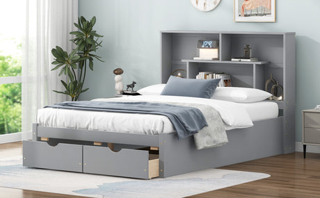 Full Size Platform Bed with Storage Headboard and 2 Drawers, Gray - V.I.P Digital Presence