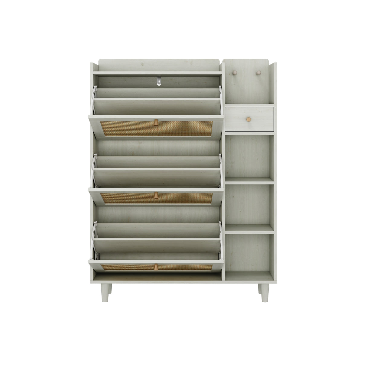 Natural Bohemian style shoe cabinet with 3 rattan flip drawers, 3 square shelves, and 1 storage drawer, white - V.I.P Digital Presence