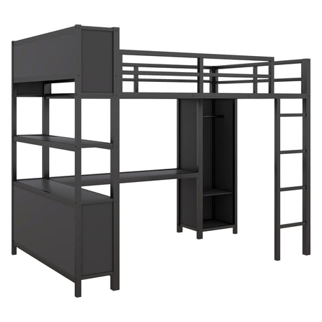 Metal loft bed with wardrobe and L-shaped desk, full-size loft bed with storage cabinet and shelf, heavy-duty loft bed, black - V.I.P Digital Presence