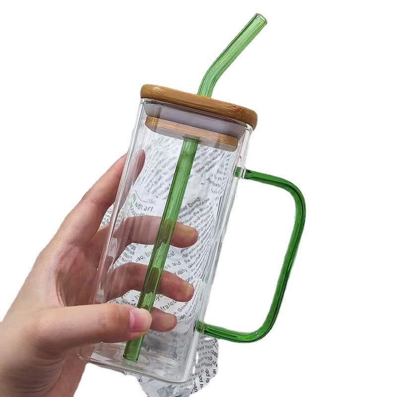 Square colored handle cup glass straw cup with lid milk tea cup with large capacity - V.I.P Digital Presence
