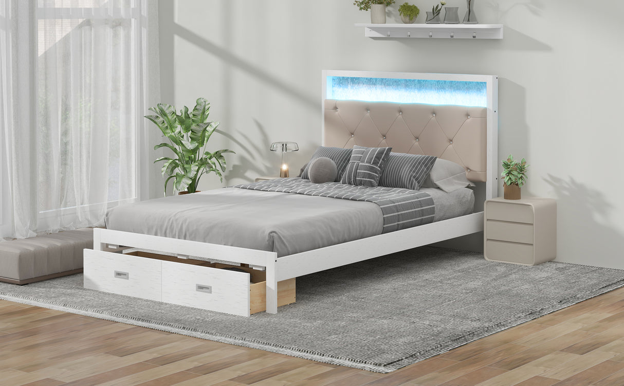 Wood Full Size Platform Bed with Upholstered Headboard and LED and 2 Drawers, Antique White - V.I.P Digital Presence