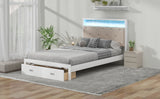Wood Full Size Platform Bed with Upholstered Headboard and LED and 2 Drawers, Antique White - V.I.P Digital Presence