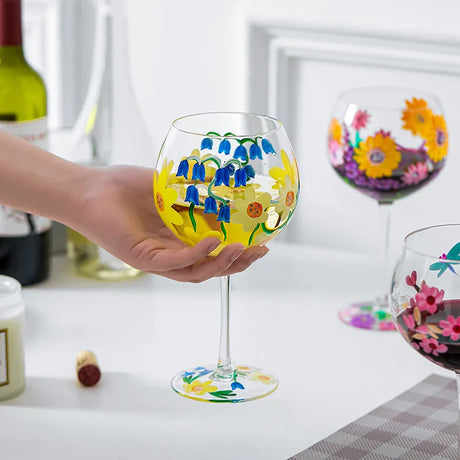 Nordic Colored Glass Wine Glasses Creative Hand-Painted Flowers Wine Glass Household Painted Goblet Crystal Champagne Drinkware - V.I.P Digital Presence