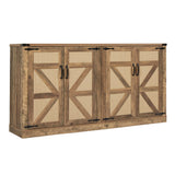 65-Inch Rustic Oak Color Faux Rattan Sideboard, Barn Door Rustic Style Sideboard, Living Room, Entryway, Bedroom - V.I.P Digital Presence