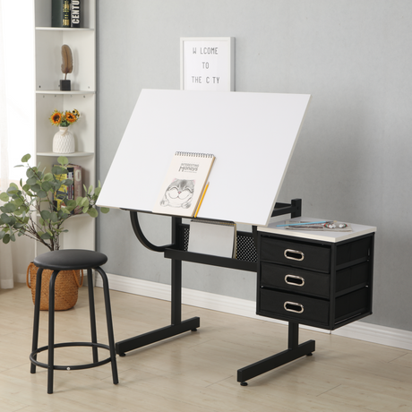 White adjustable drafting drawing table with stool and 3 drawers - V.I.P Digital Presence