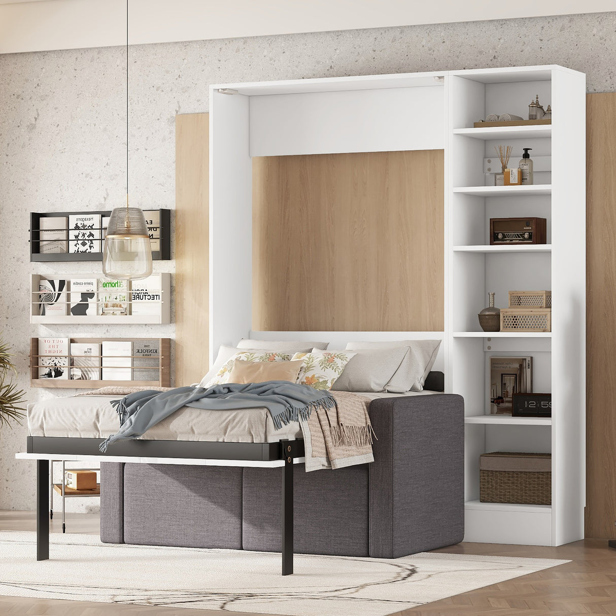 Twin Size Murphy Bed Wall Bed with Sofa,with Shelves,White - V.I.P Digital Presence