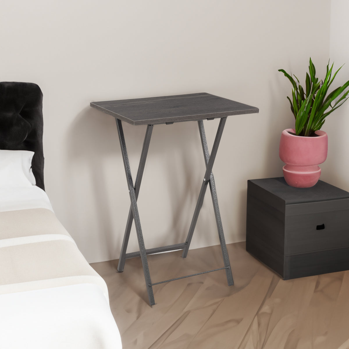 Folding office desk TV tray table set of 4 TV trays with storage rack wooden folding TV tray foldable snack table, rural gray - V.I.P Digital Presence