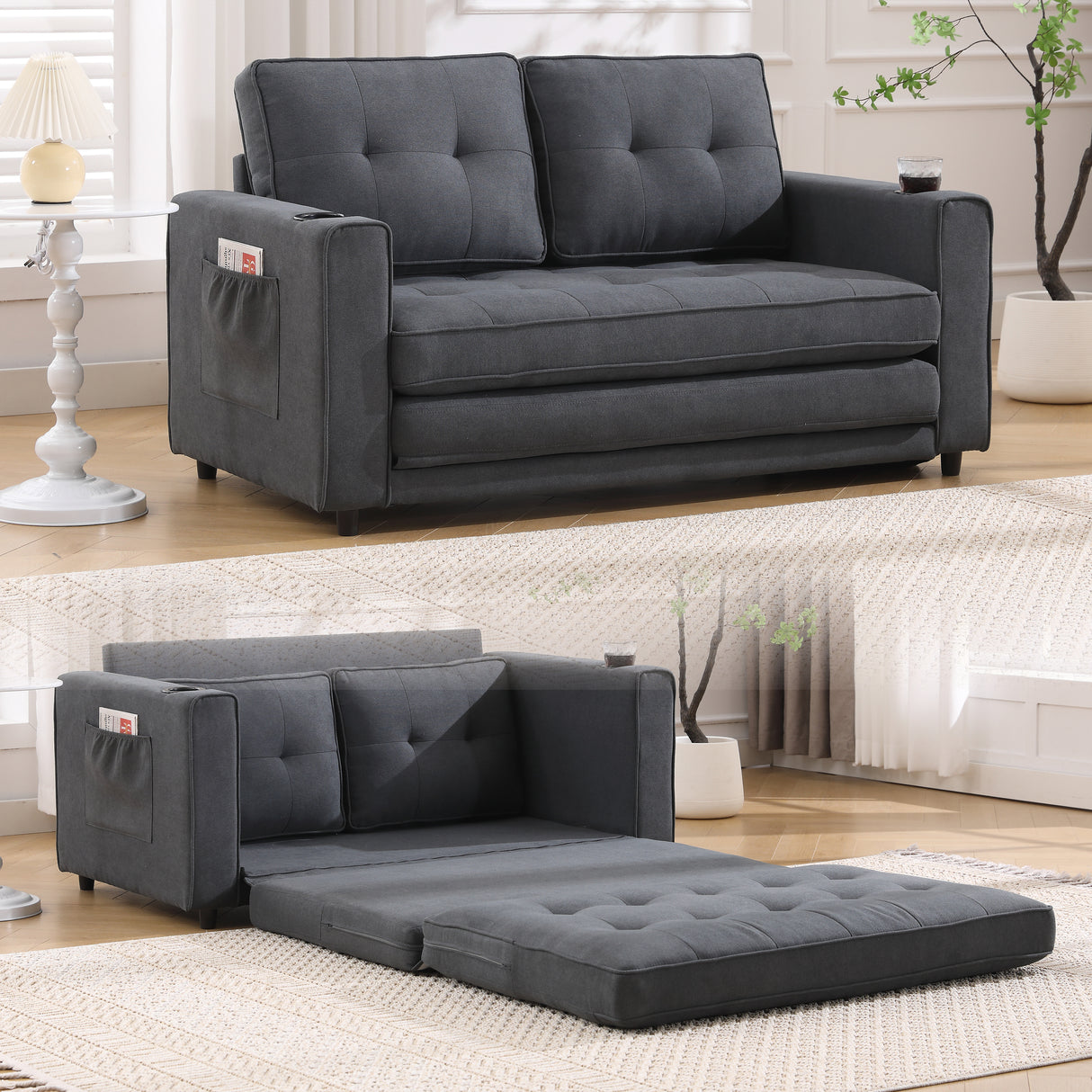 Three in one soft cushion cushion cushion sofa, folding mattress sofa bed, with side pockets and cup holder, dark gray - V.I.P Digital Presence