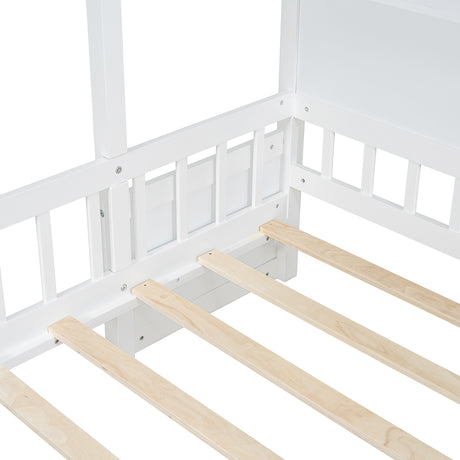 Twin Size House Bed with Upholstered Sofa, House Bed with Charging Station, Wireless Charging, Shelves and Two Drawers, White - V.I.P Digital Presence