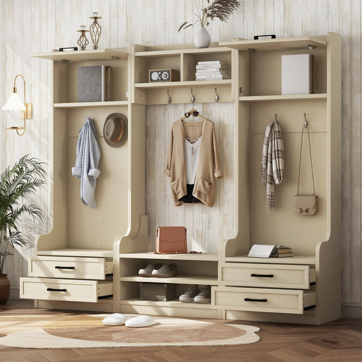 Four in one detachable hall tree with drawers and cabinets, 7 hooks, multifunctional corridor hangers, antique beige shoe stools - V.I.P Digital Presence