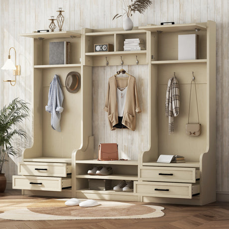 Four in one detachable hall tree with drawers and cabinets, 7 hooks, multifunctional corridor hangers, antique beige shoe stools - V.I.P Digital Presence